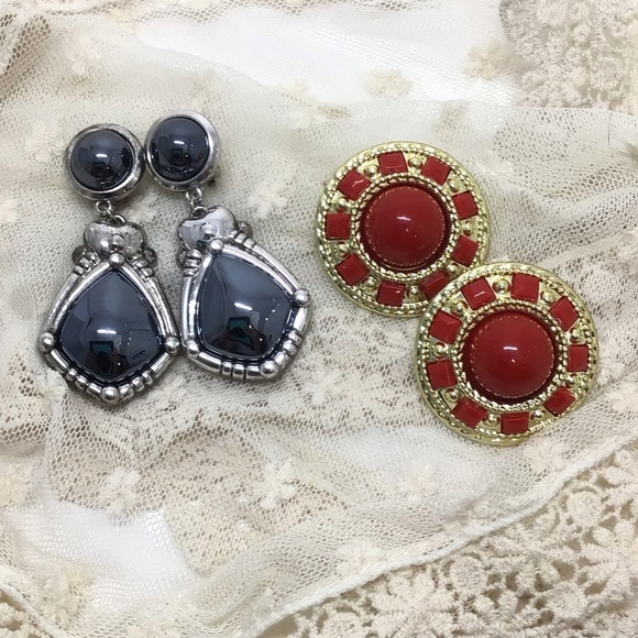 (2) Pairs Chunky Dangle Statement Clip-On Earrings - Picture 7 of 9